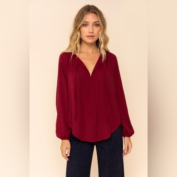 Joan Vass V Neck Balloon Sleeve Flowy Blouson Poplin Blouse burgundy Crimson XS - Picture 1 of 5